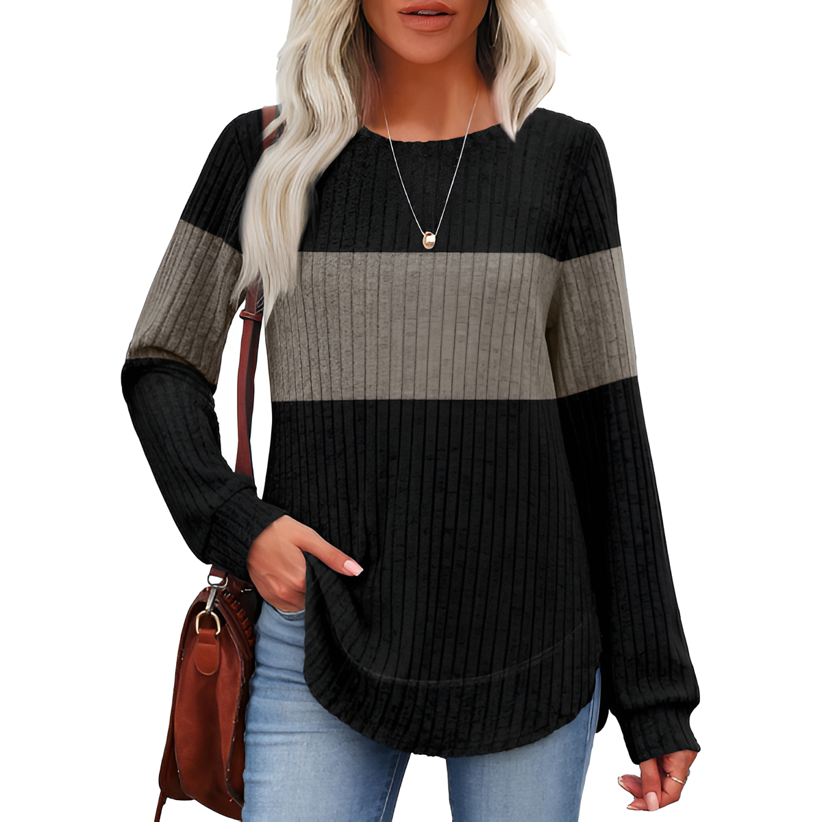 Dressy Long Sleeve Tunic Sweater With Curved Hem And Loose Fit For Women - Image 47