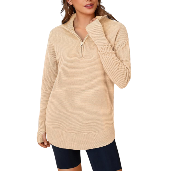 Casual Long Sleeve Quarter Knit Zip Up Sweater Top For Women - Image 48