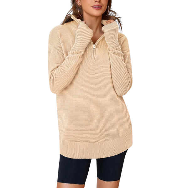 Casual Long Sleeve Quarter Knit Zip Up Sweater Top For Women - Image 49