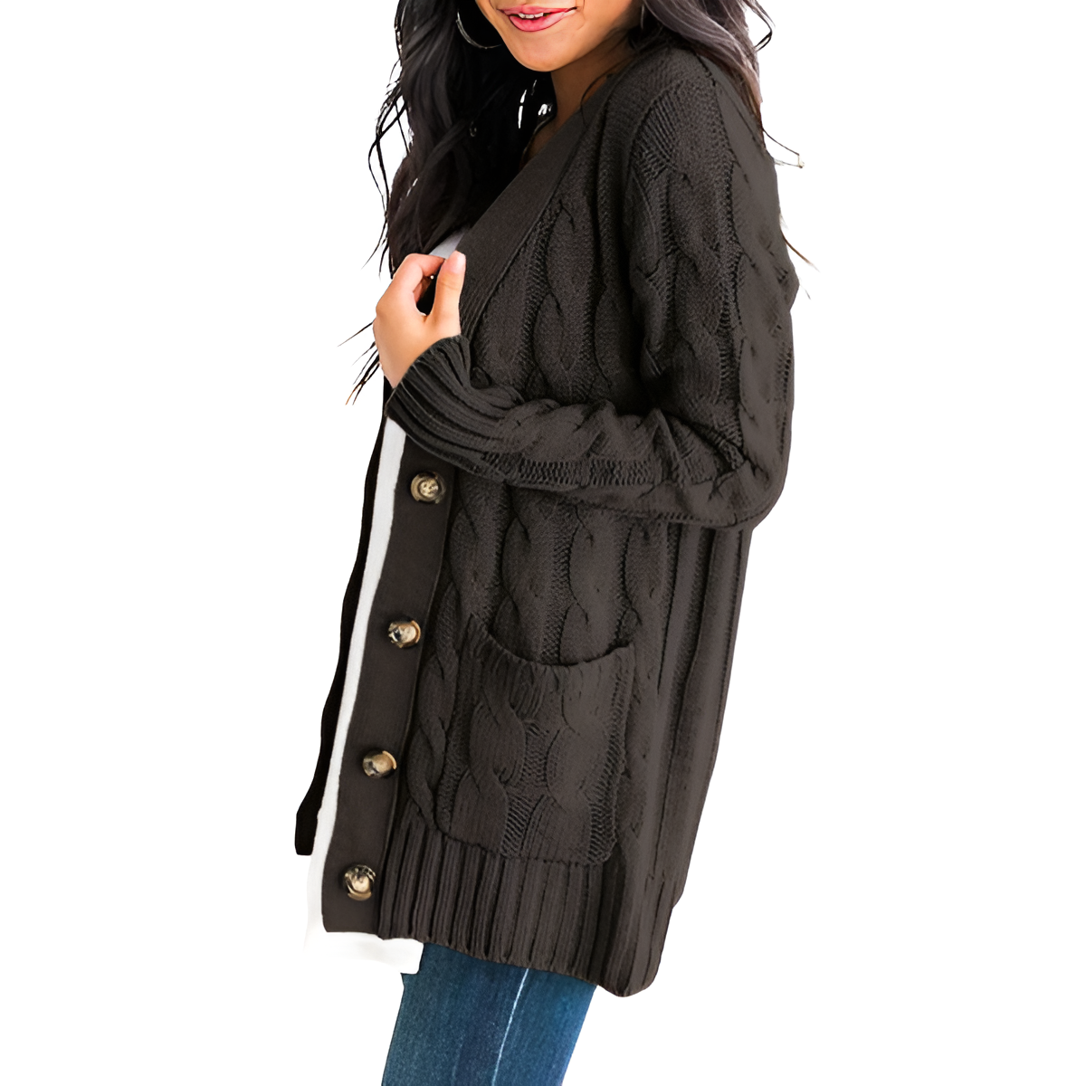 Cable Knit Button Front Open Cardigan - Image 3