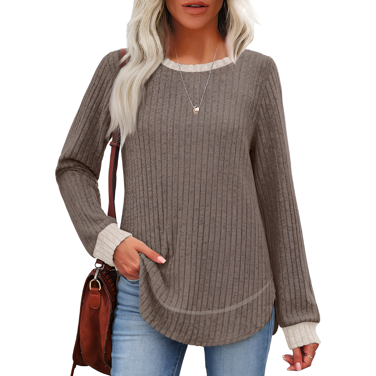 Dressy Long Sleeve Tunic Sweater With Curved Hem And Loose Fit For Women - Image 9