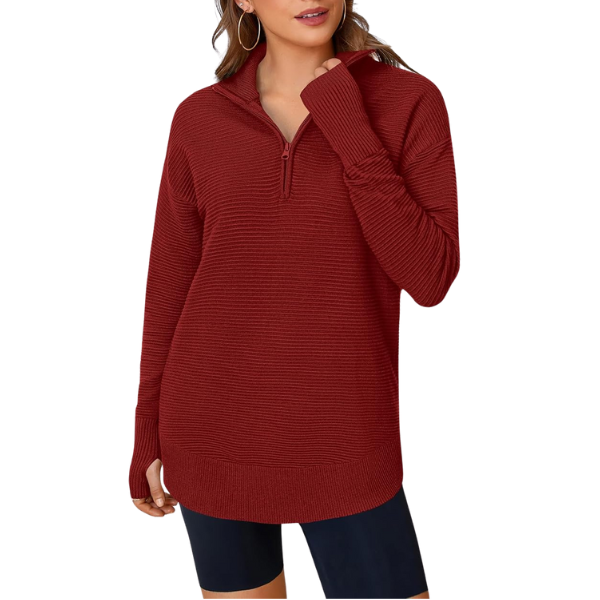 Casual Long Sleeve Quarter Knit Zip Up Sweater Top For Women - Image 41
