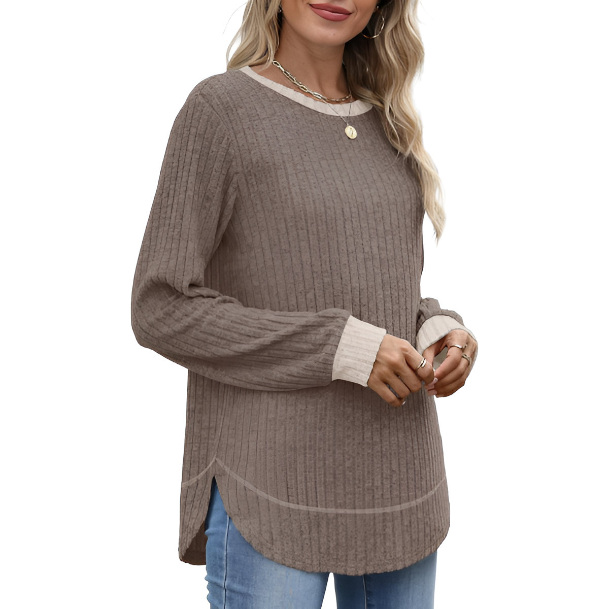 Dressy Long Sleeve Tunic Sweater With Curved Hem And Loose Fit For Women - Image 6