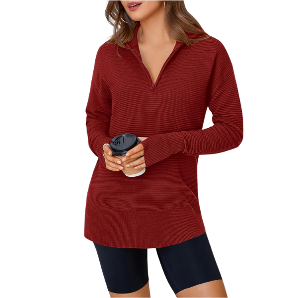 Casual Long Sleeve Quarter Knit Zip Up Sweater Top For Women - Image 43