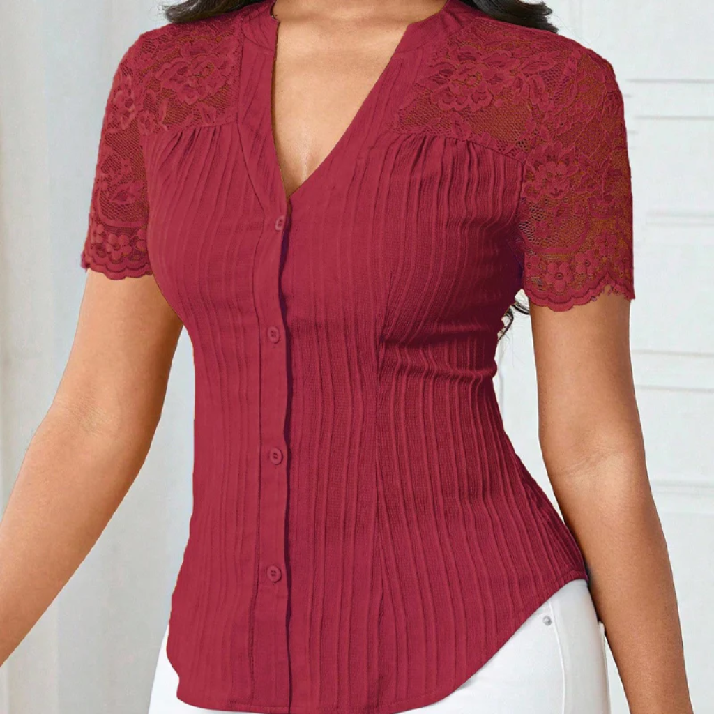 Ribbed Knit Button Down Top With Lace Sleeves - Image 6