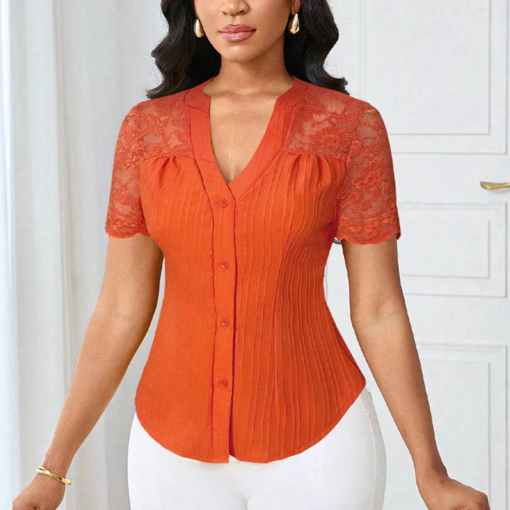 Ribbed Knit Button Down Top With Lace Sleeves - Image 8