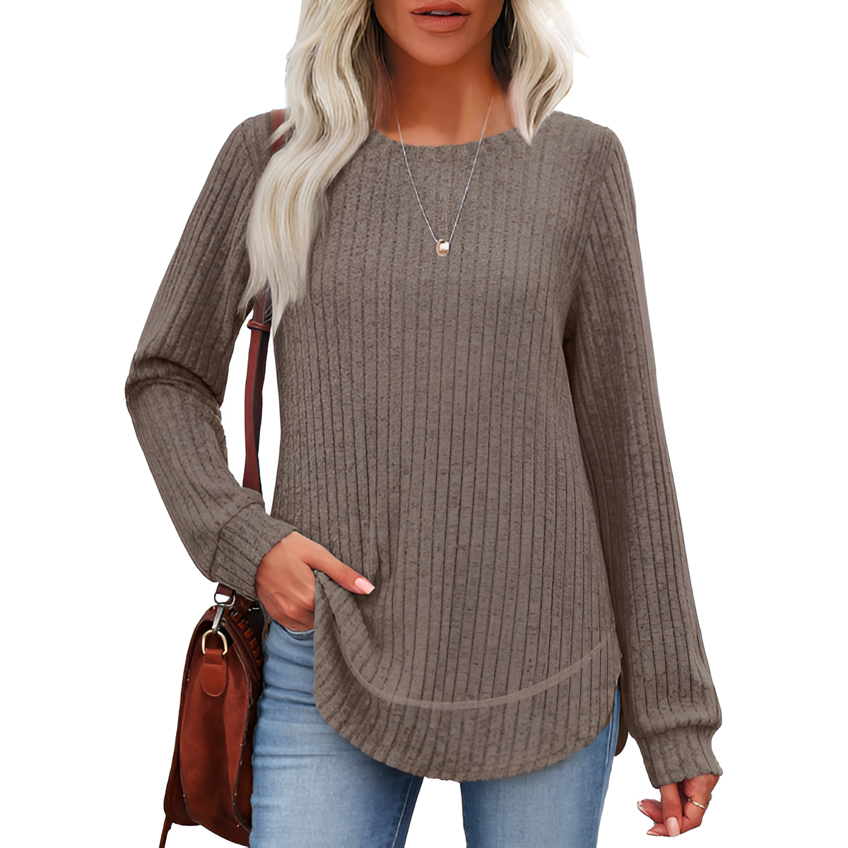 Dressy Long Sleeve Tunic Sweater With Curved Hem And Loose Fit For Women - Image 17