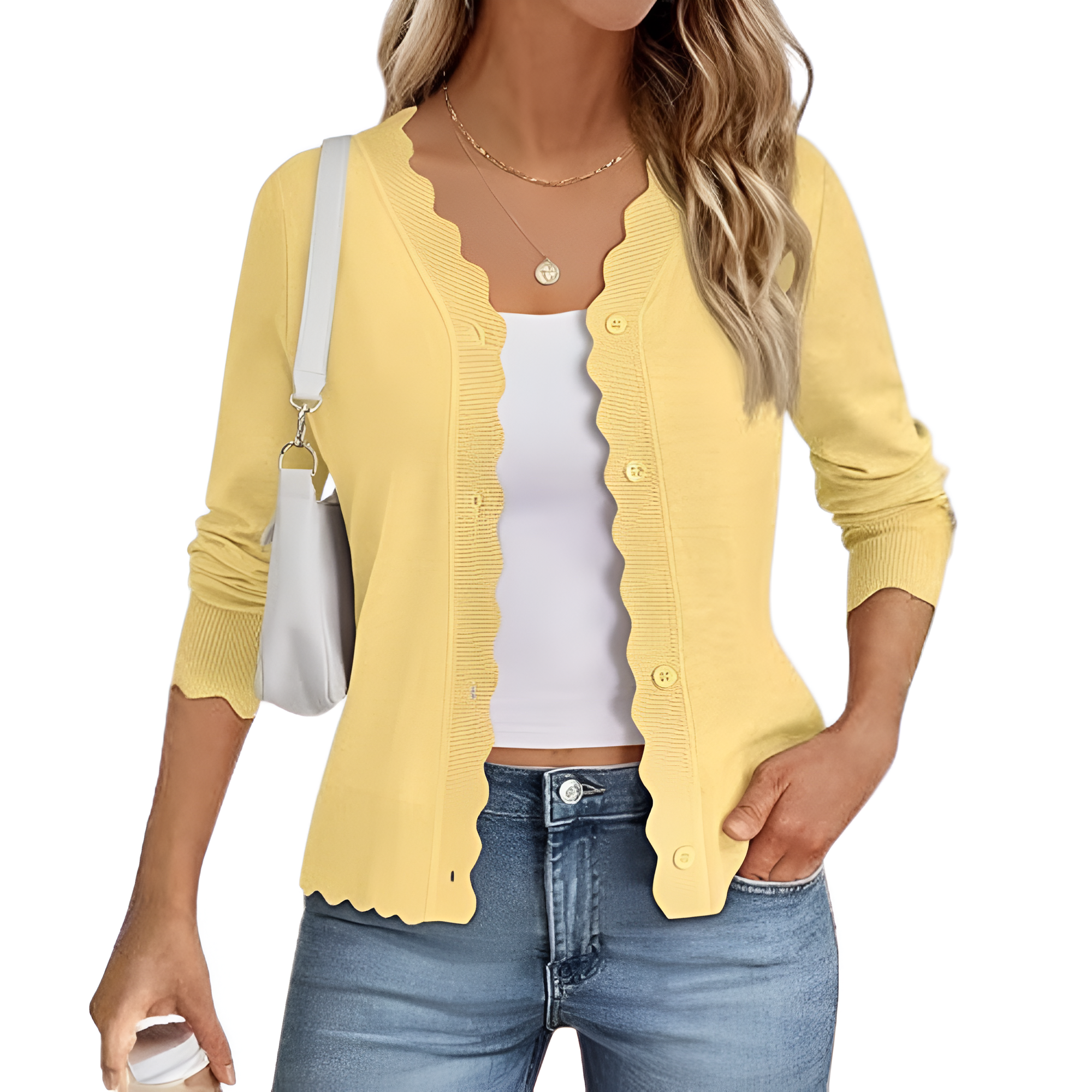 Lightweight Button Down Knit Cardigan With Scallop Trim - Image 10