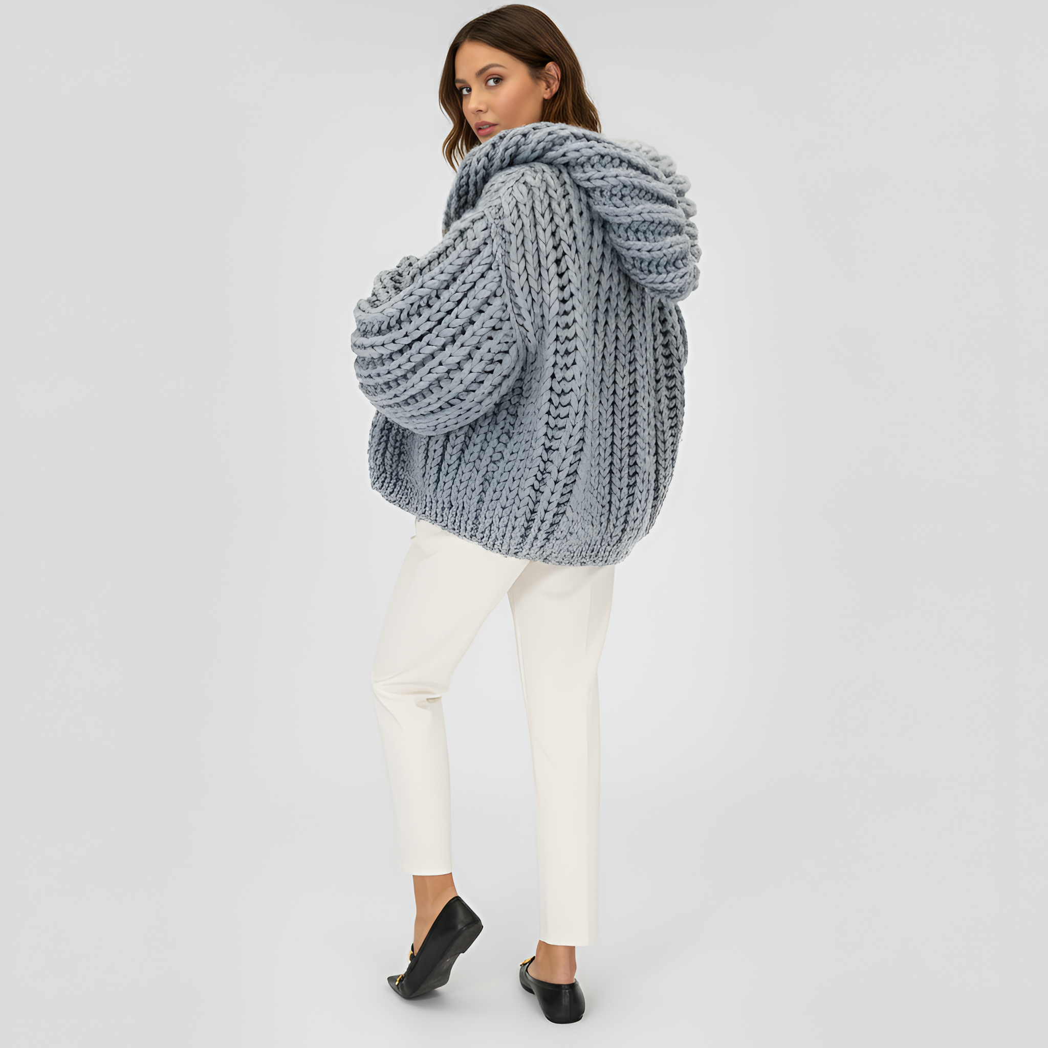 Oversized Cable Knit Hooded Open Front Cardigan For Women - Image 5