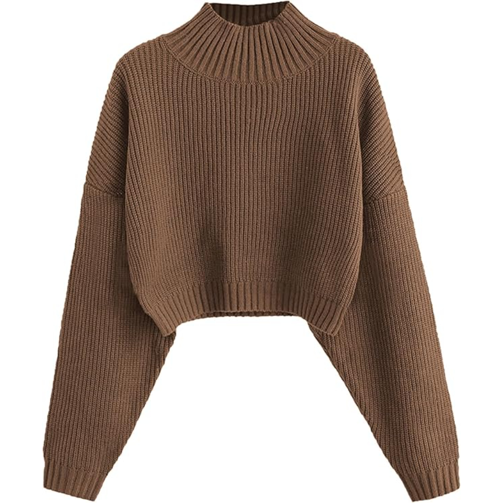 Cropped Ribbed Knit Pullover Sweater With Lantern Sleeves - Image 9