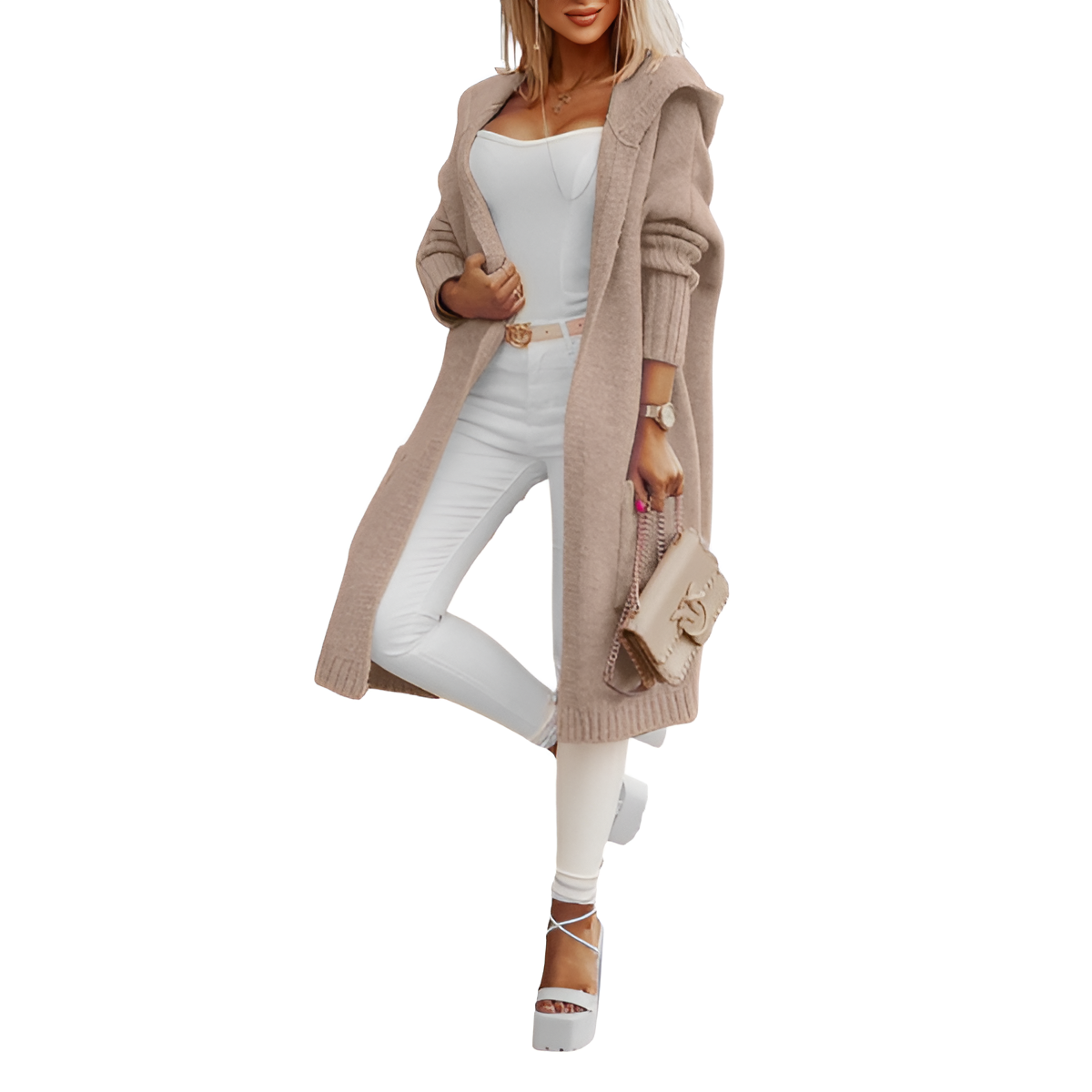 Long Knitted Hooded Cardigan With Open Front For Women - Image 6