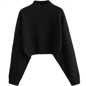 Cropped Ribbed Knit Pullover Sweater With Lantern Sleeves