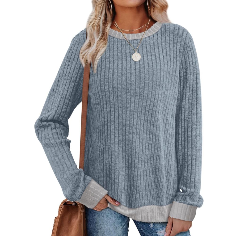 Long Sleeve Knit Sweater Top With Color Block Design And Loose Fit For Women - Image 5