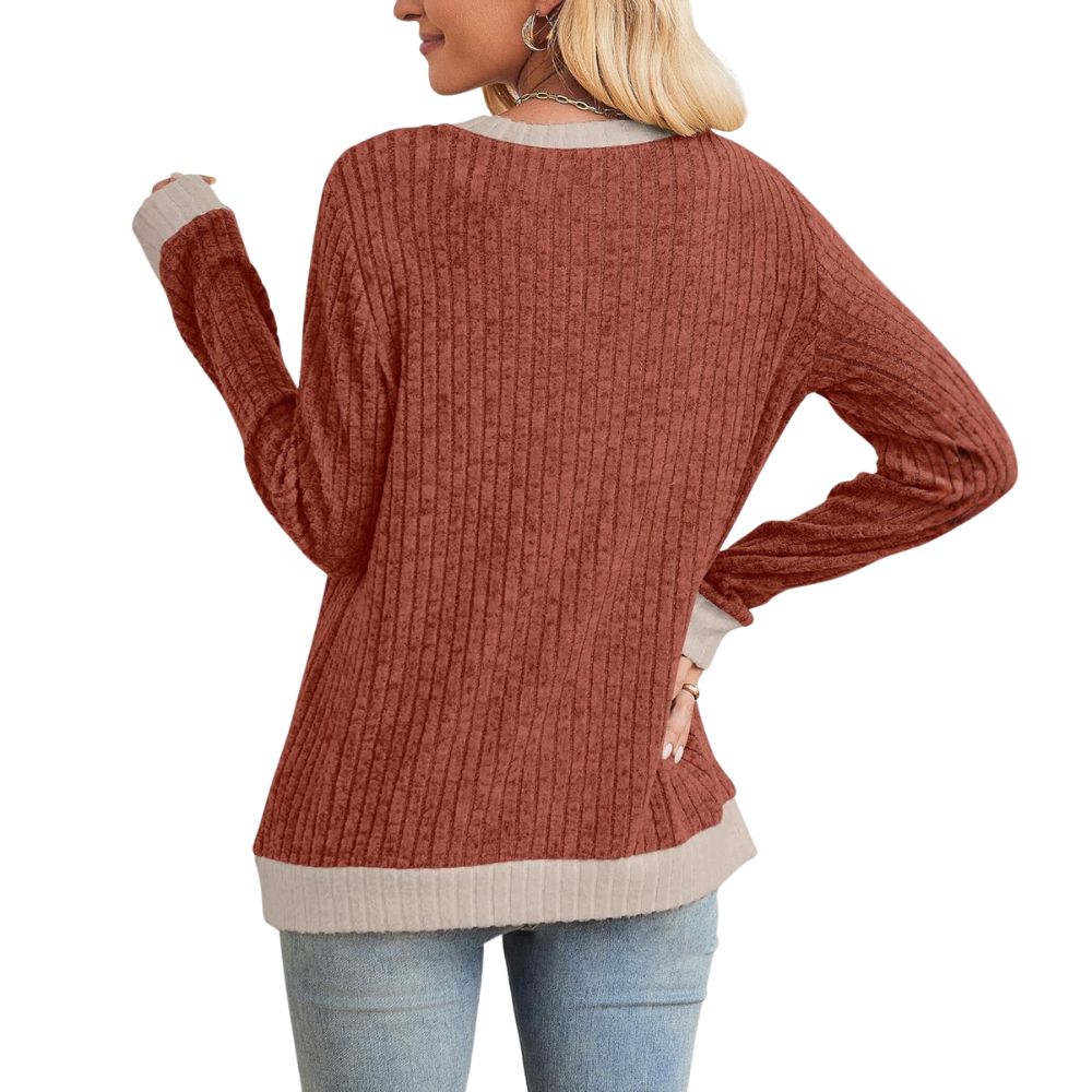 Long Sleeve Knit Sweater Top With Color Block Design And Loose Fit For Women - Image 14