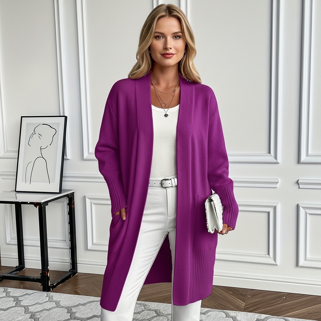 Long Length Cardigan With Long Sleeves And Open Front For Women - Image 23