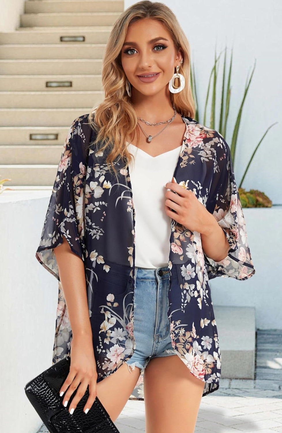 Floral Chiffon Puff Sleeve Kimono Cardigan - Image 8