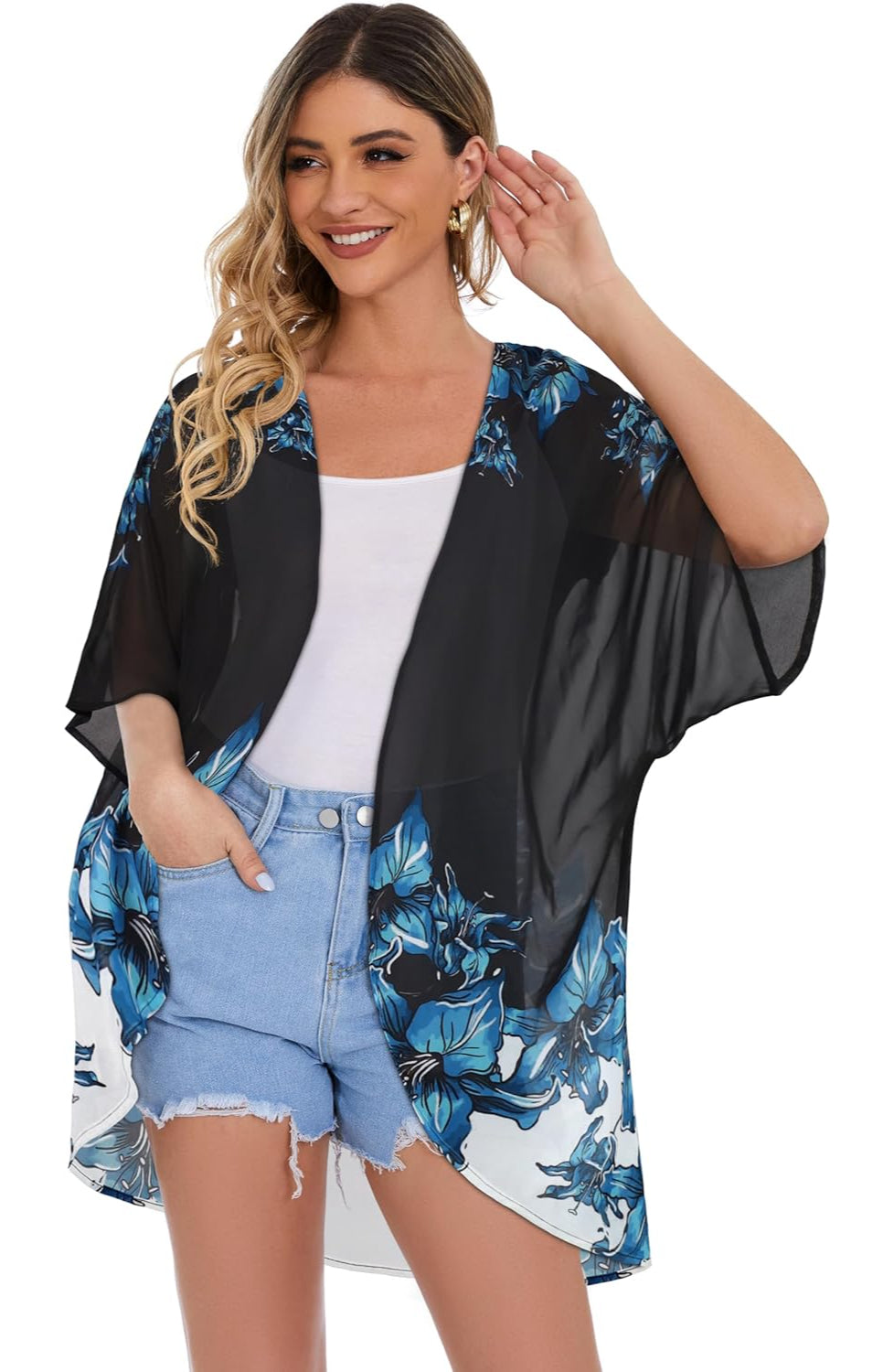 Floral Chiffon Puff Sleeve Kimono Cardigan - Image 3