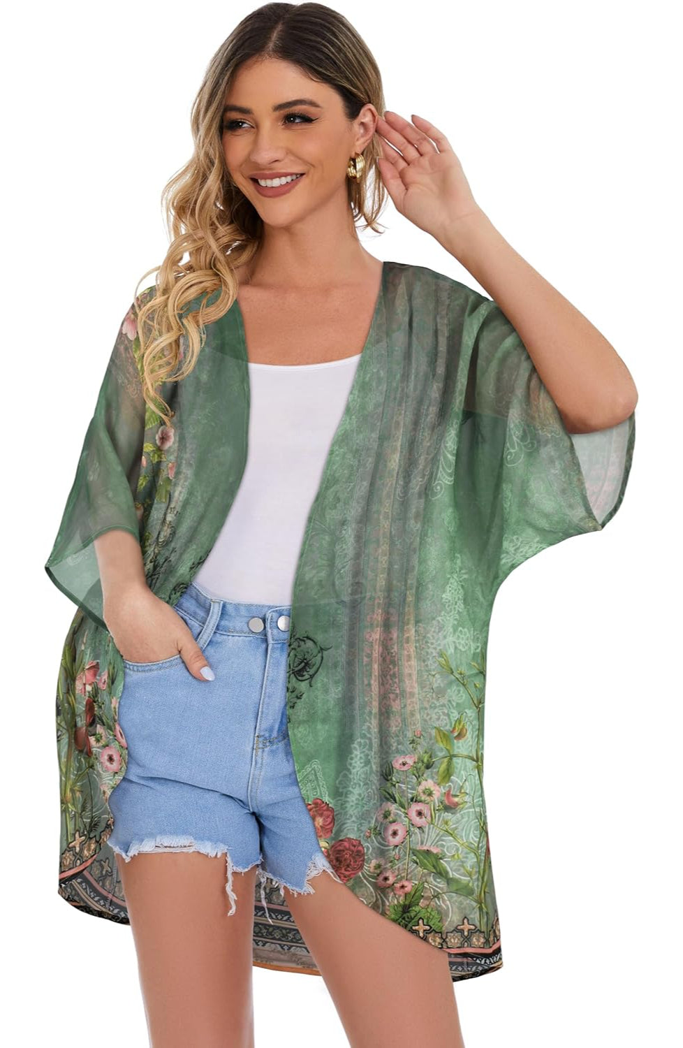 Floral Chiffon Puff Sleeve Kimono Cardigan - Image 11