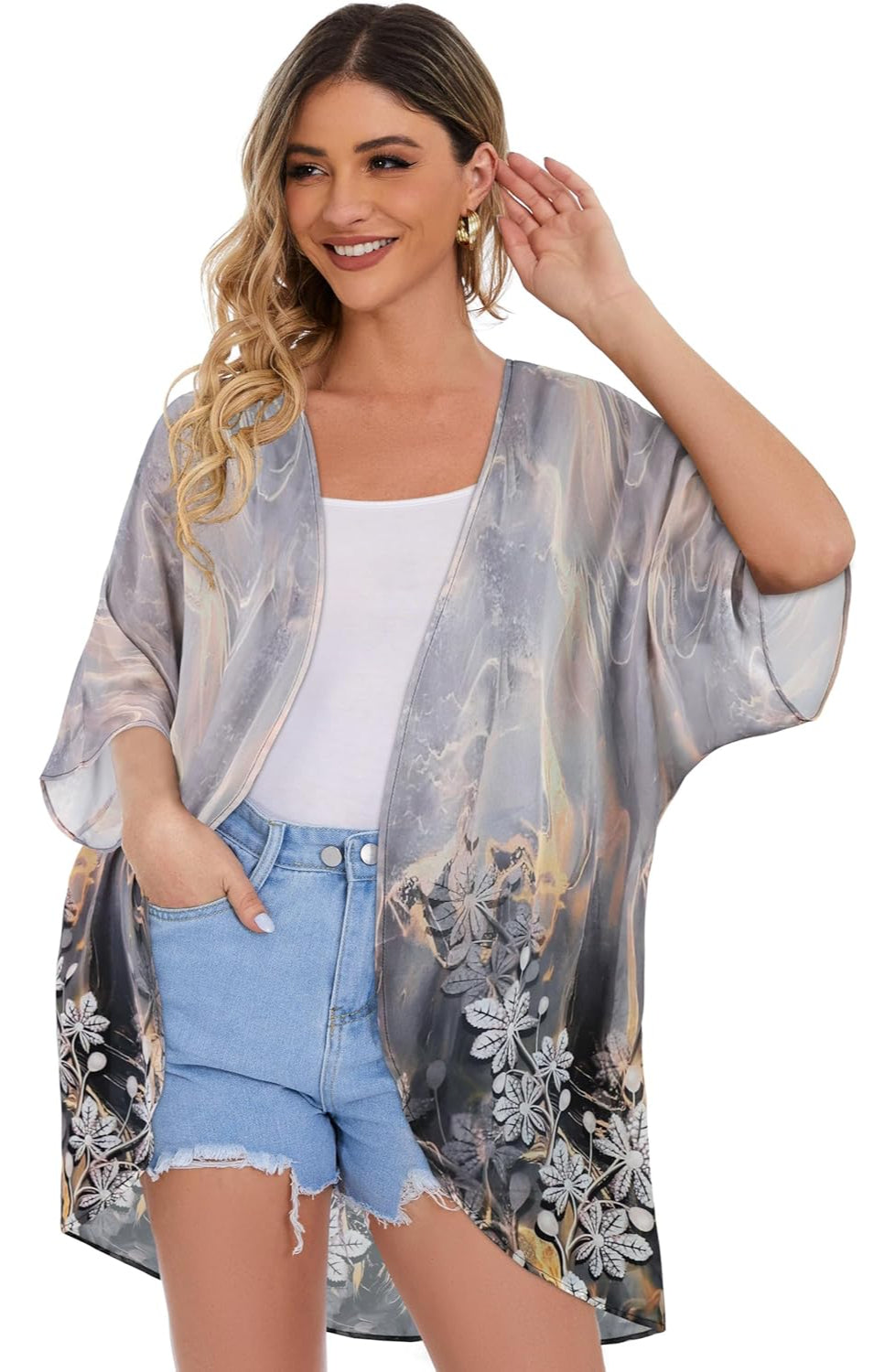 Floral Chiffon Puff Sleeve Kimono Cardigan - Image 9