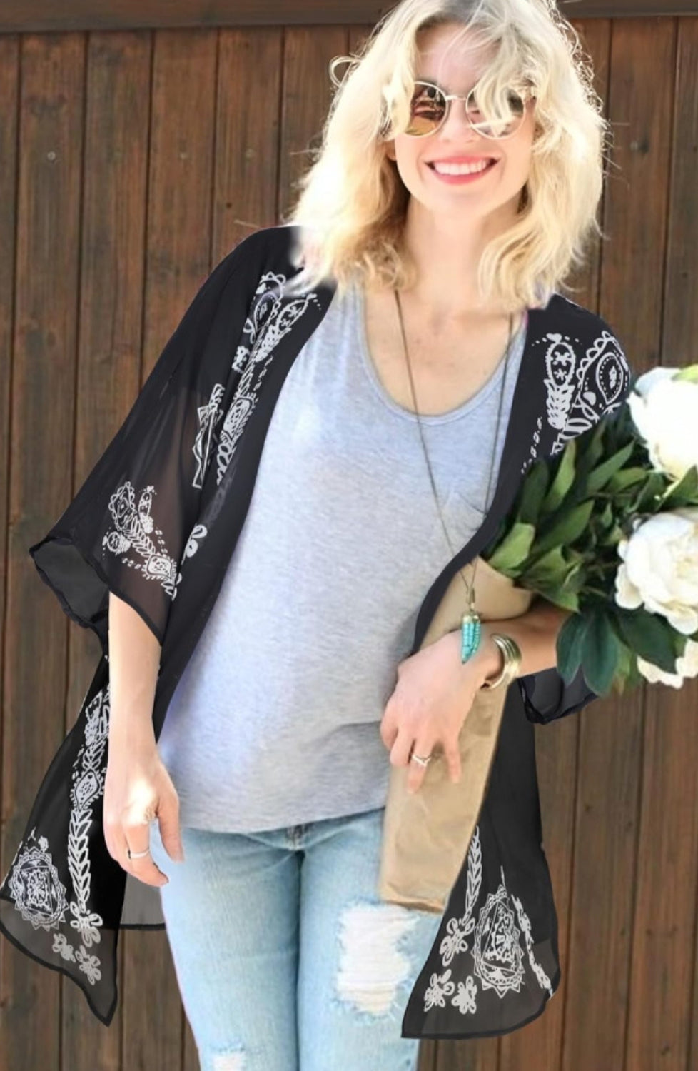 Floral Puff Sleeve Kimono Cardigan - Image 5