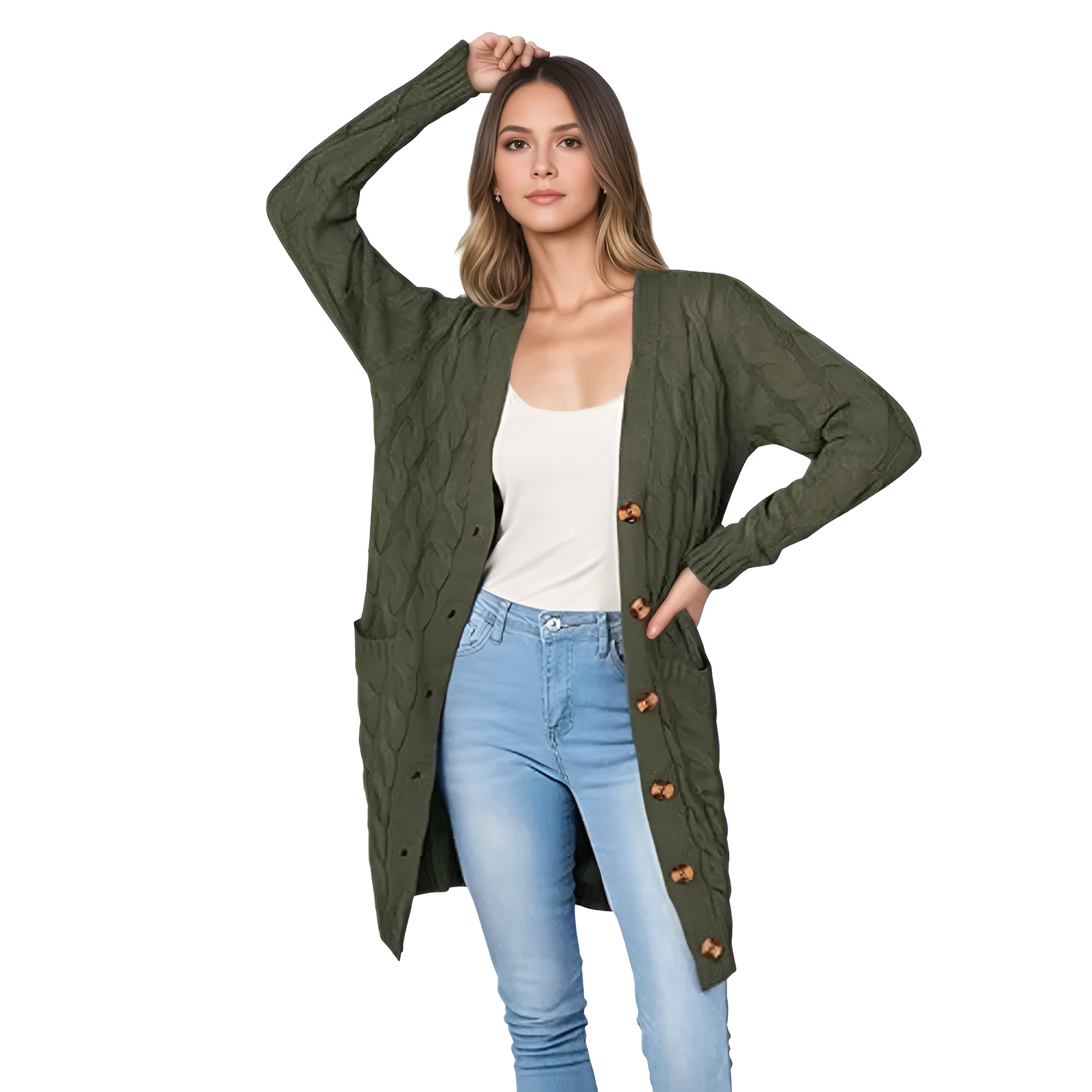 Long Cable Knit Open Front Cardigan - Image 3