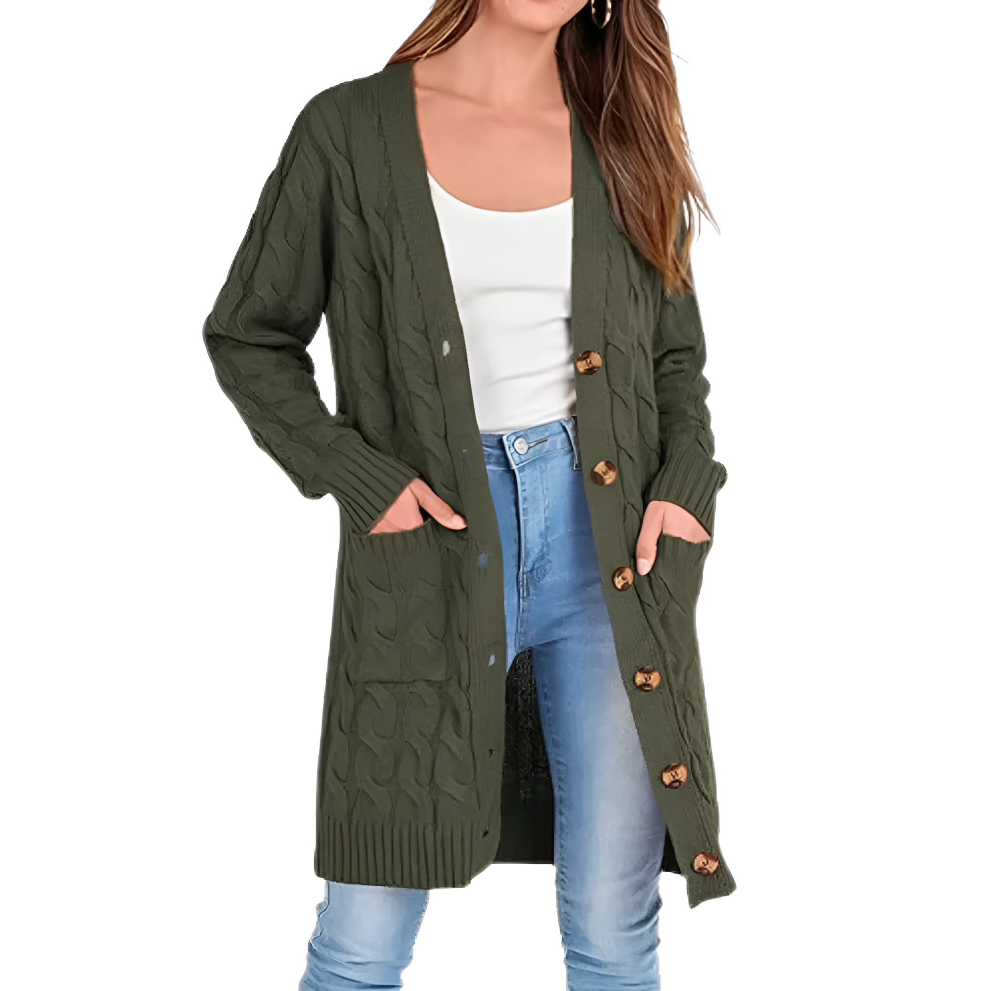 Long Cable Knit Open Front Cardigan - Image 2