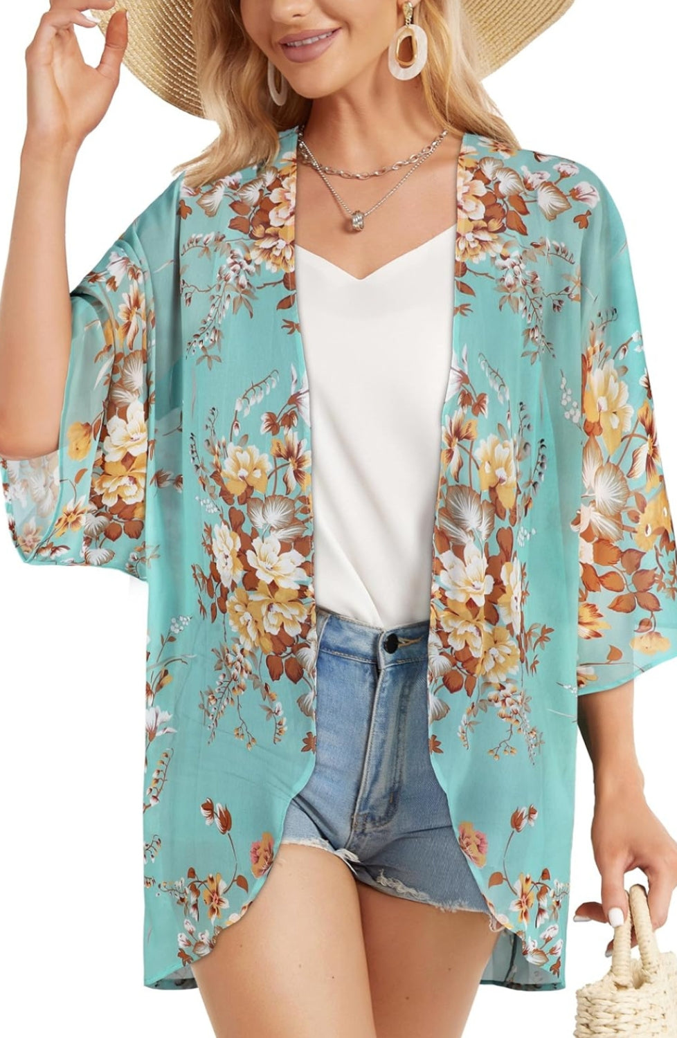 Women Floral Puff Sleeve Kimono Cardigan - Image 11