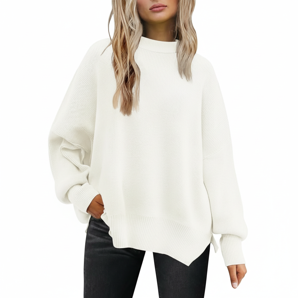 Oversized Batwing Knit Side Slit Pullover Sweater For Women - Image 11