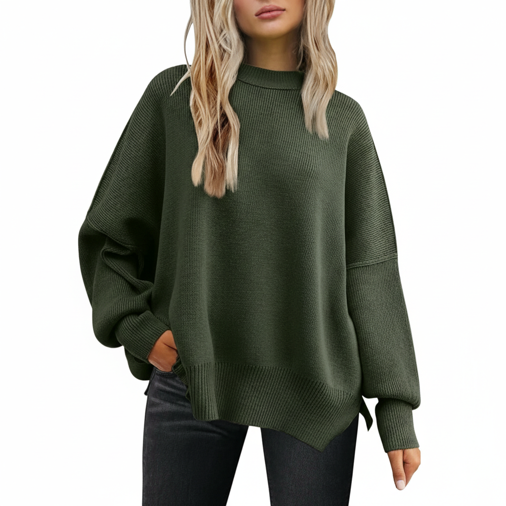 Oversized Batwing Knit Side Slit Pullover Sweater For Women - Image 17