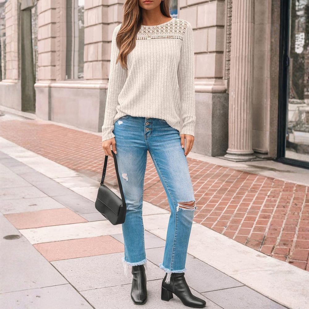 Long Sleeve Knit Tunic Top With Lace Detail For Women - Image 2