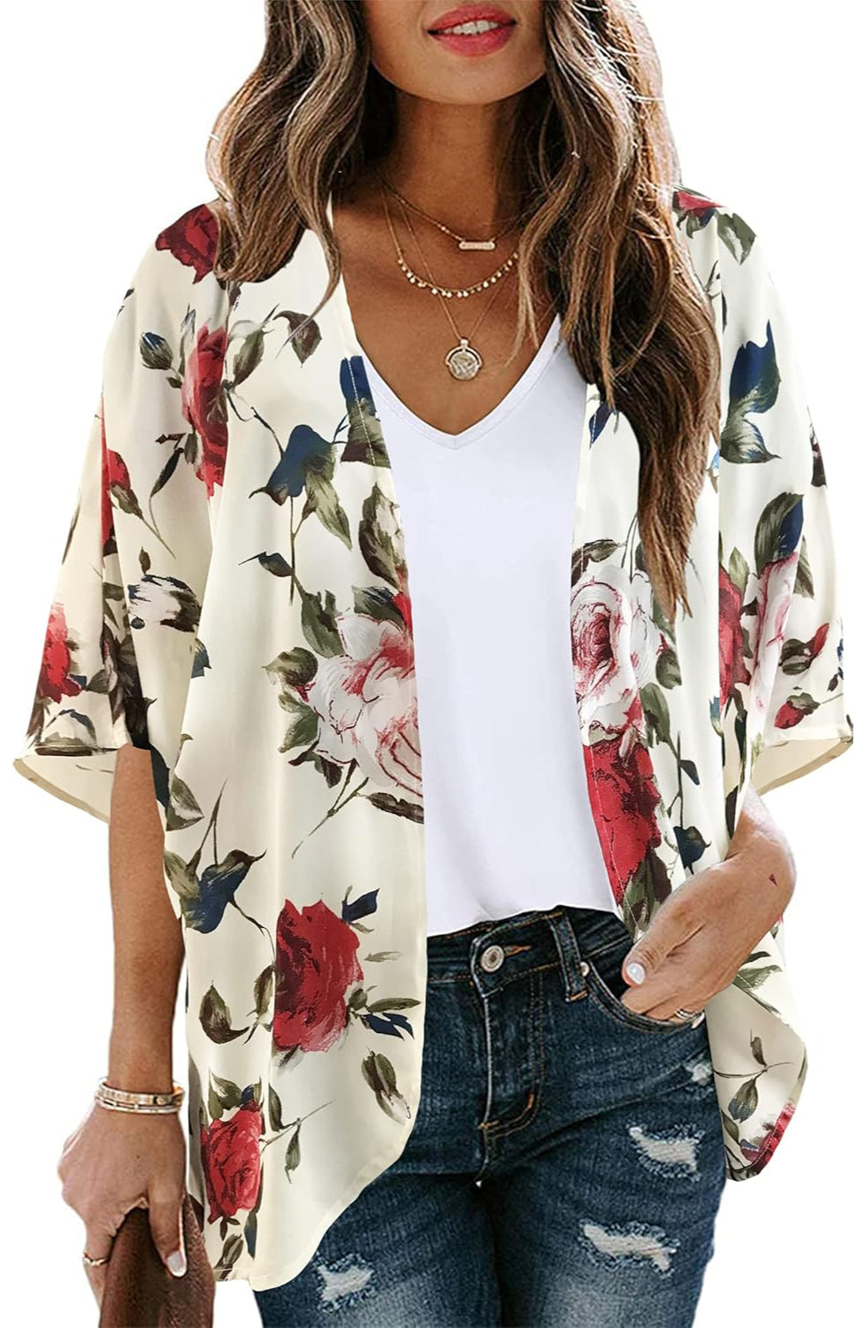 Women Floral Puff Sleeve Kimono Cardigan - Image 2
