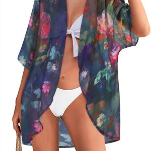 Women Floral Puff Sleeve Kimono Cardigan