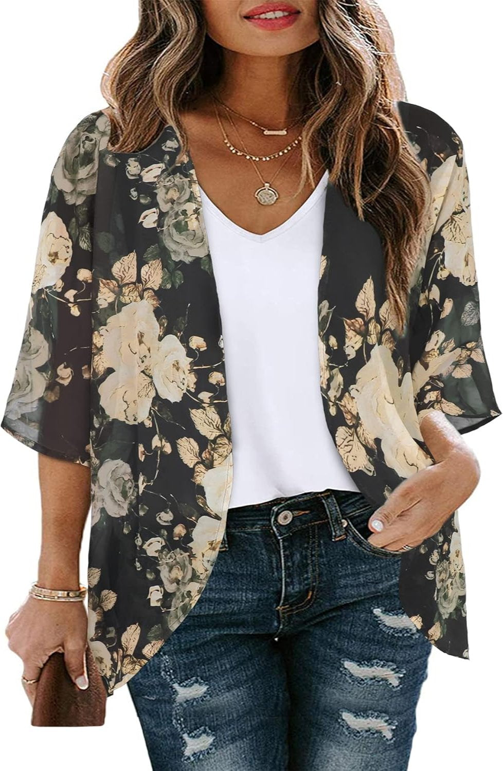 Women Floral Puff Sleeve Kimono Cardigan - Image 3