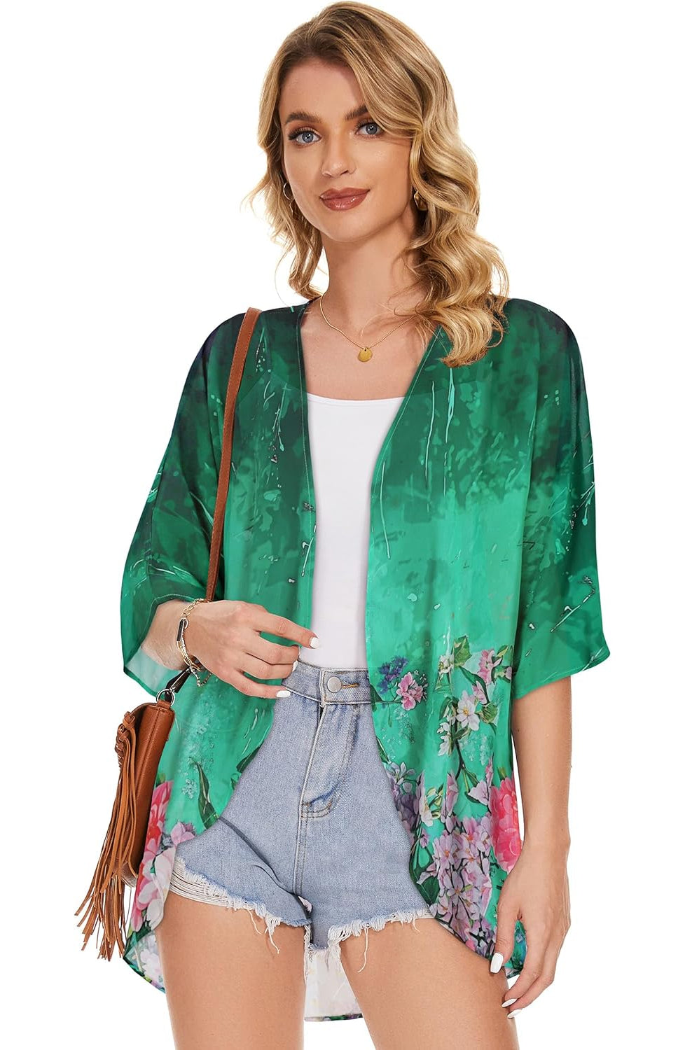 Women Floral Puff Sleeve Kimono Cardigan - Image 8