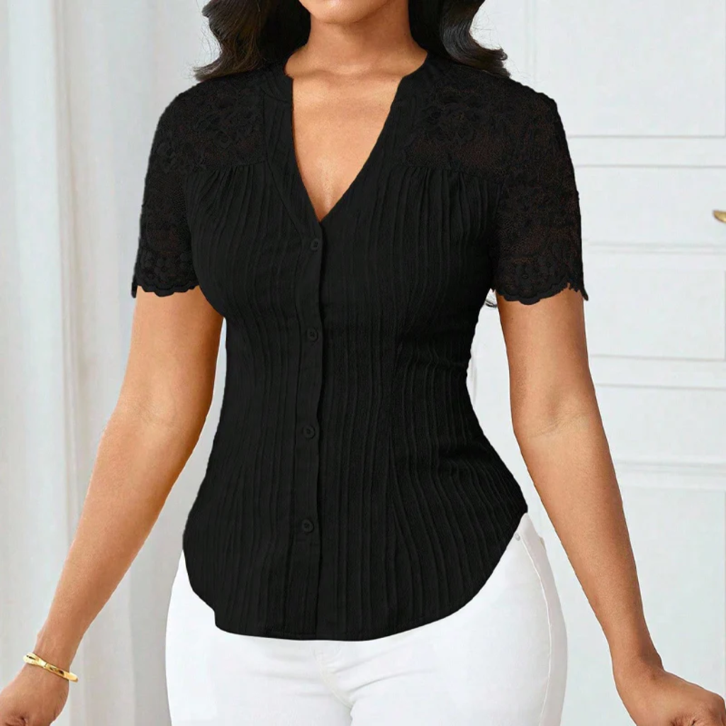 Ribbed Knit Button Down Top With Lace Sleeves - Image 2