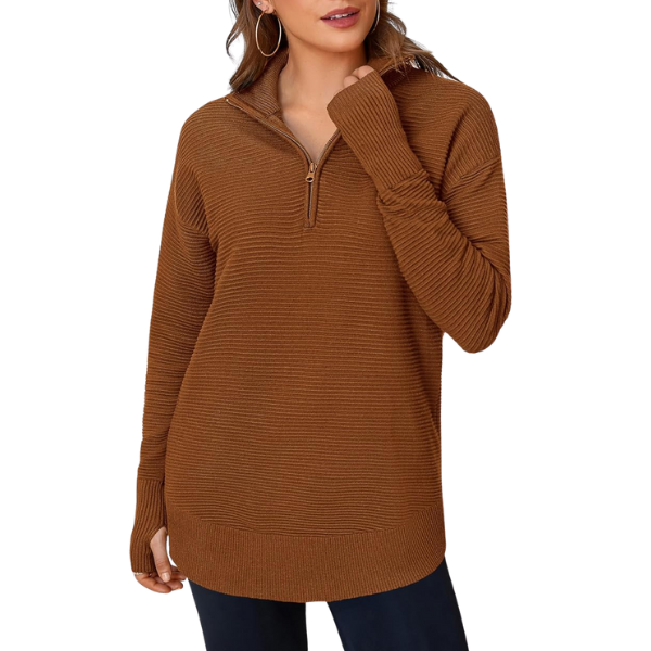 Casual Long Sleeve Quarter Knit Zip Up Sweater Top For Women - Image 19