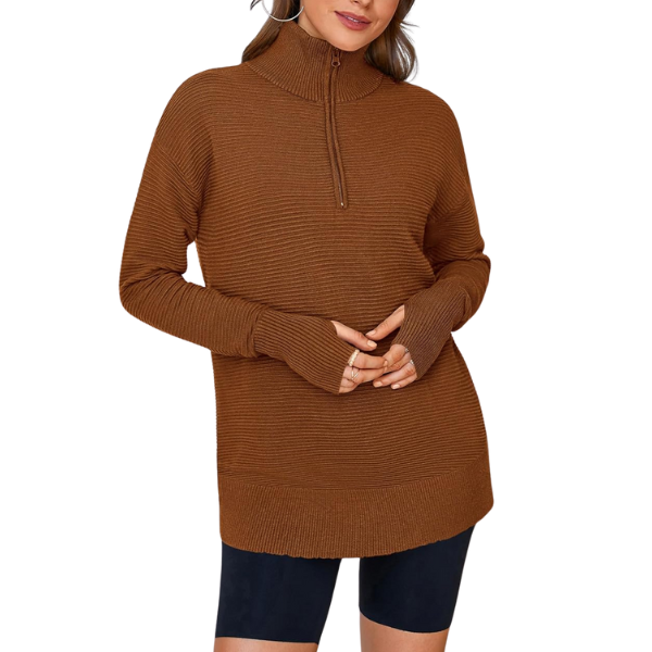 Casual Long Sleeve Quarter Knit Zip Up Sweater Top For Women - Image 18