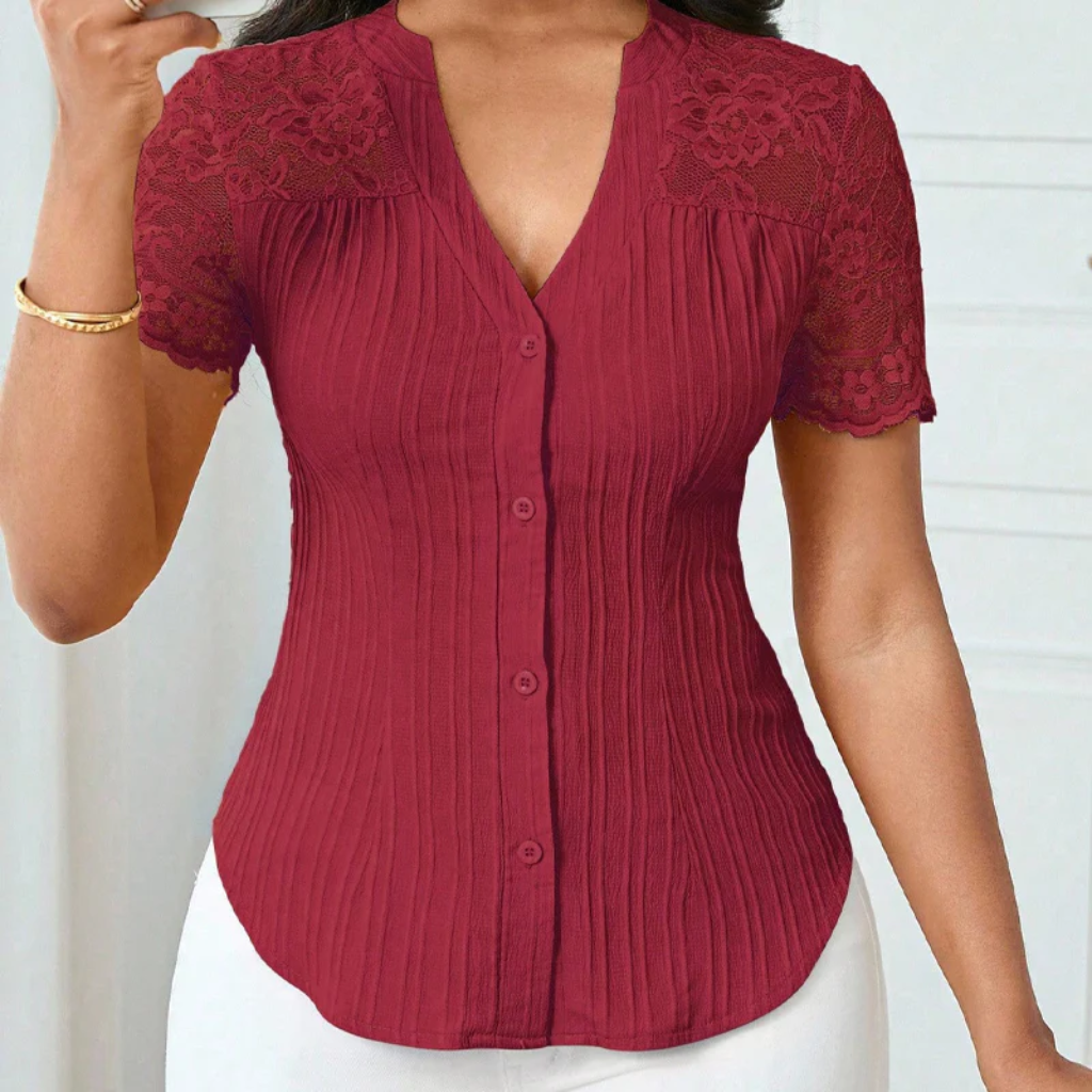 Ribbed Knit Button Down Top With Lace Sleeves - Image 4