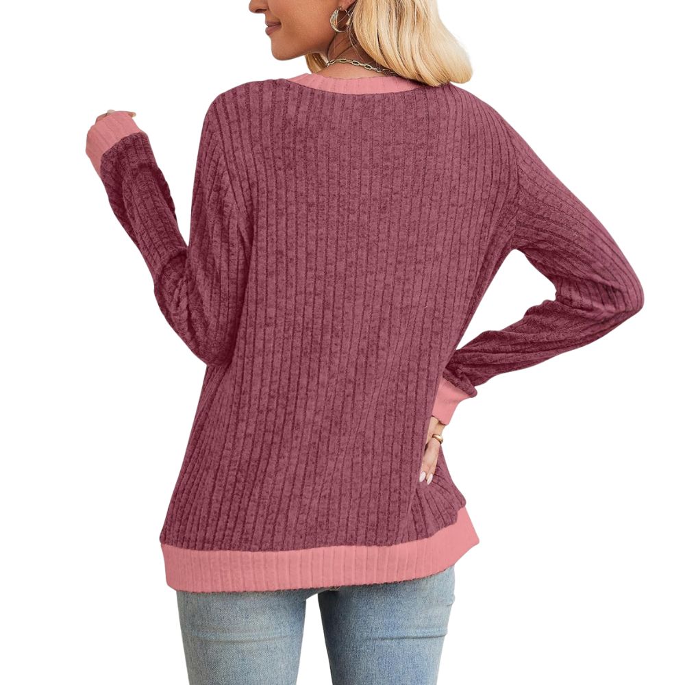 Long Sleeve Knit Sweater Top With Color Block Design And Loose Fit For Women - Image 22