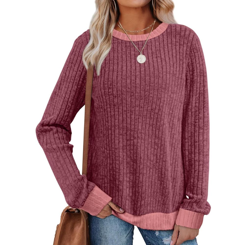 Long Sleeve Knit Sweater Top With Color Block Design And Loose Fit For Women - Image 21